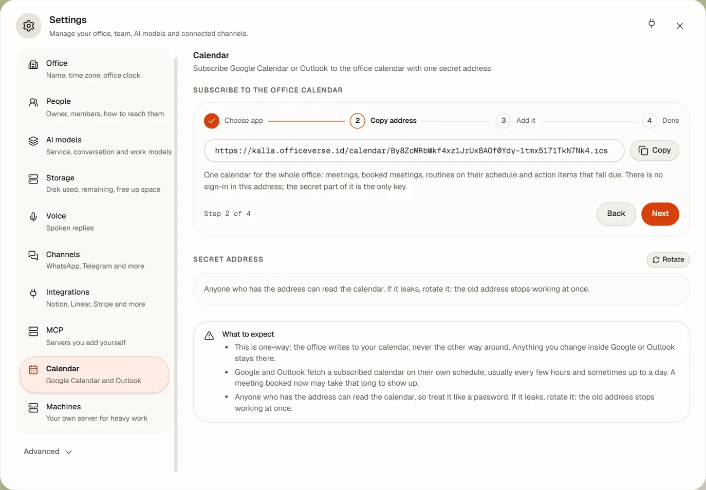 The Settings Calendar page with a step-by-step wizard that gives you one secret address to subscribe Google Calendar or Outlook to.