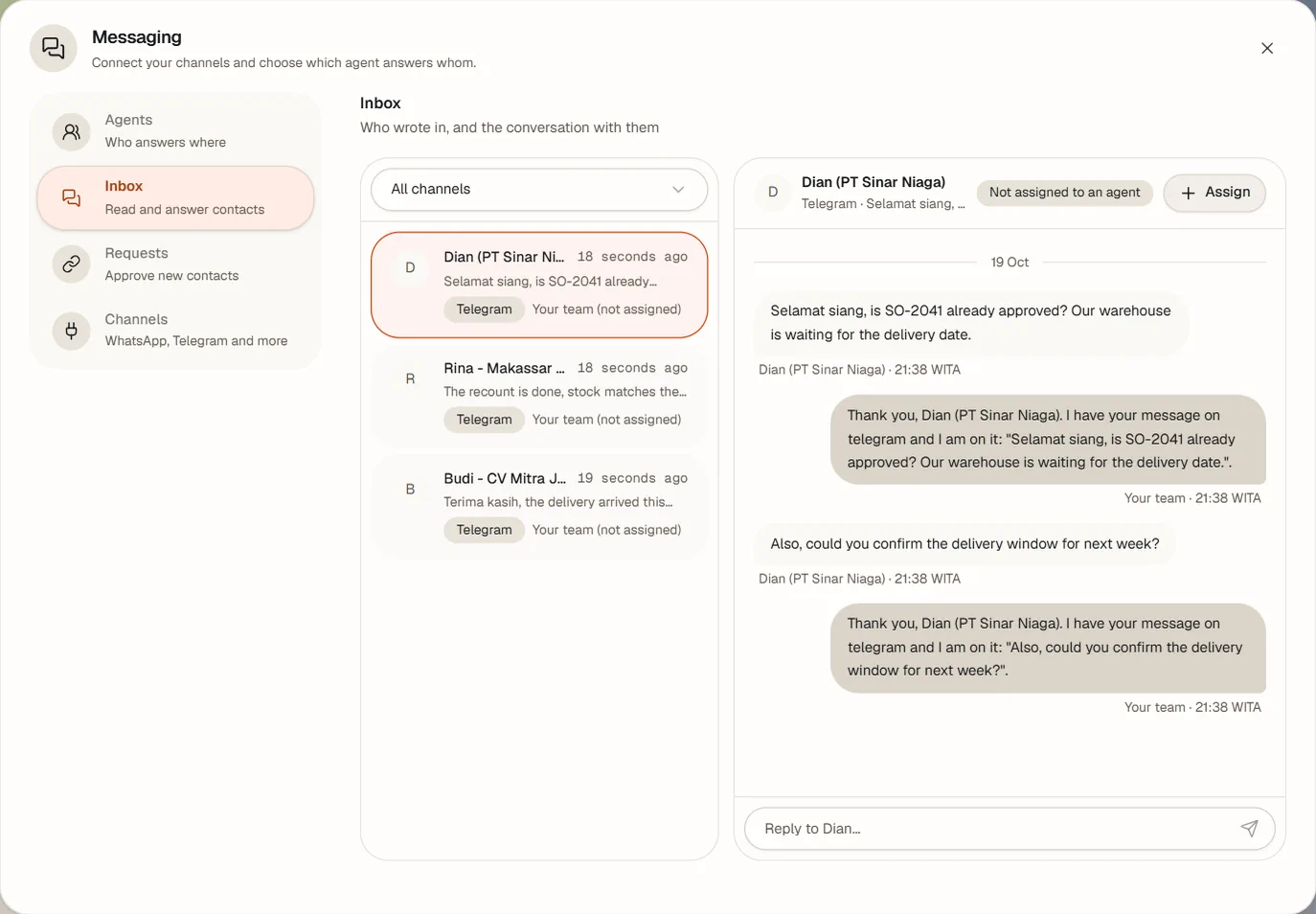 The messaging inbox with three customers writing in on Telegram and one conversation open, showing their questions and the answers.
