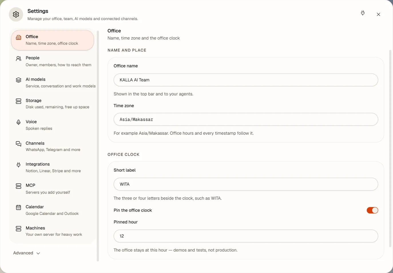 The settings overview: a list on the left with people, AI models, storage, voice, channels, integrations, calendar and machines, and on the right the office name, time zone and clock.