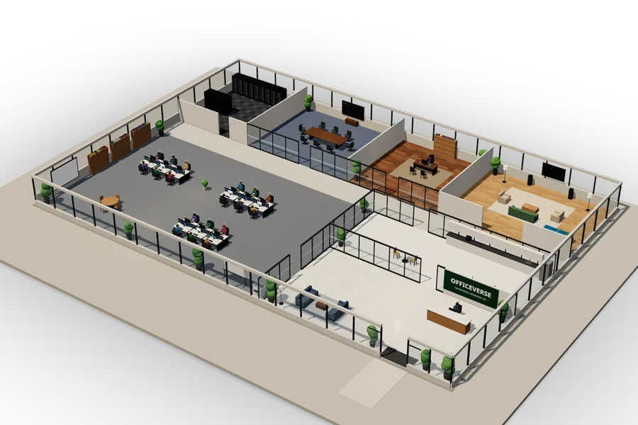 Kantor standar dilihat dari atas: tiga ruang kerja berisi enam meja, ruang CEO, ruang rapat, lobi, pantry, lounge, dan ruang server